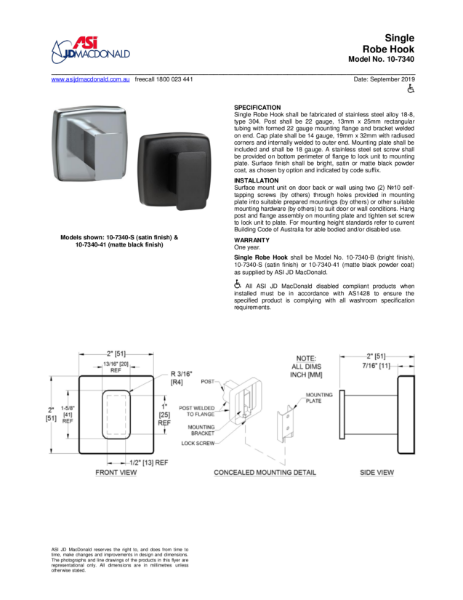 Single Robe Hook Specification Sheet