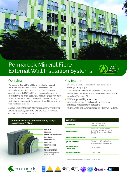 Permarock Mineral Fibre External Wall Insulation Systems (incorporating non-combustible insulation with systems tested to EN 13501:1