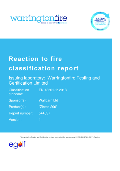 Certification - MetalPad Ex Zintek 200 Coating Fire Test Classification Report 544697