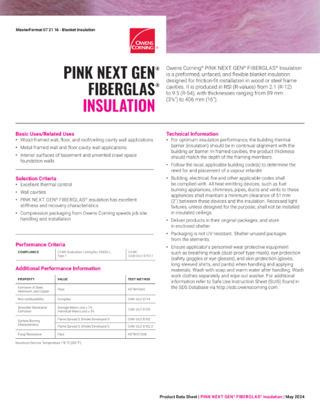 Pink Next Gen Fiberglas Thermal Insulation Data Sheet