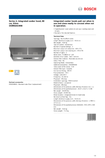 Series 2, Integrated cooker hood, 60
cm, Silver
DEM66AC00B