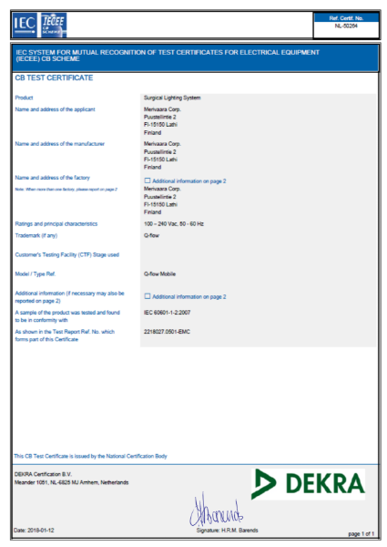 IEC Scheme for Mutual Recognition of Test Certificates for Electrical Equipment (IECEE) CB Scheme – NL-50264