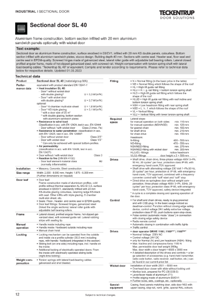 Sectional Door "Type SL 40" (Technical Data)