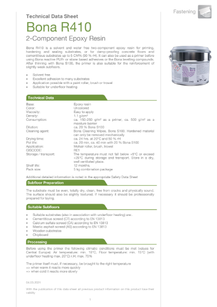 Bona R410 - Technical Data Sheet