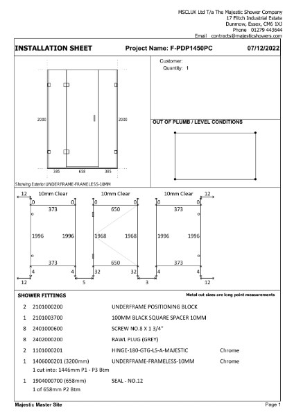 Installation Sheet - Napoli 1450mm