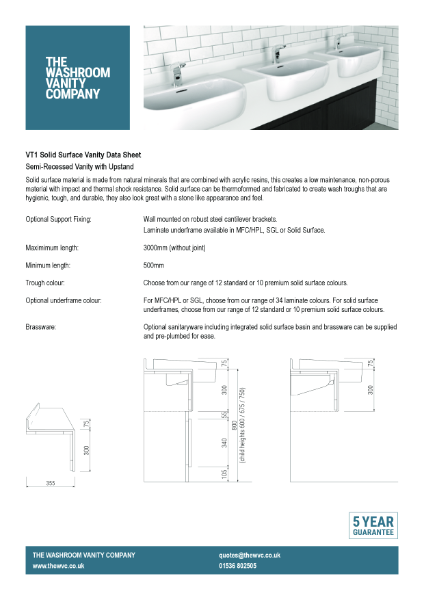 Solid Surface Vanity Top For Semi-recessed Basins, With Upstand - VT1