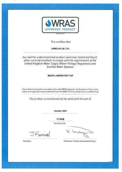 WRAS Approval Certificate For 900078 Mixer Tap