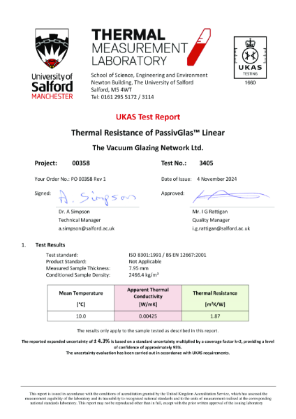Thermal Resistance of PassivGlas™ Linear to ISO 8301:1991 / BS EN 12667:2001 