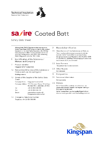 Safire Coated Batt Safety Data Sheet