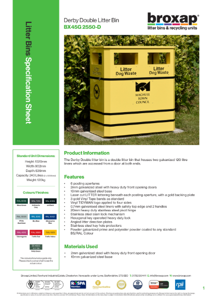 Derby Double Litter Bin Specification Sheet