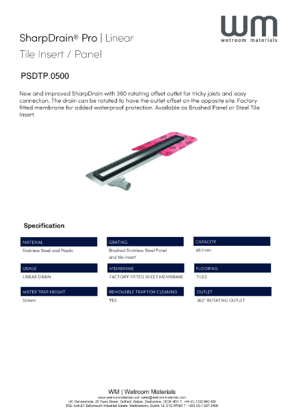 WM SharpDrain Pro Linear  Tile Insert /  Panel 500mm Datasheet