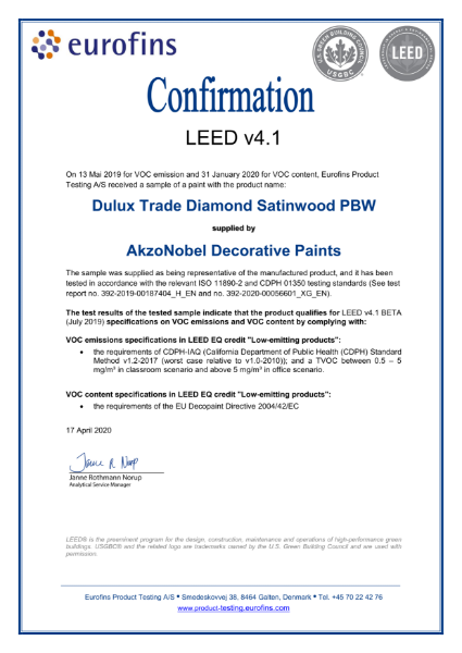Dulux Trade Diamond Satinwood LEED Attestation