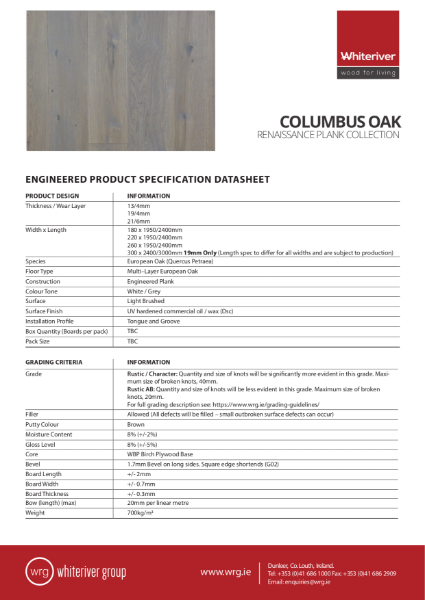 Renaissance Columbus Oak Plank Spec Sheet