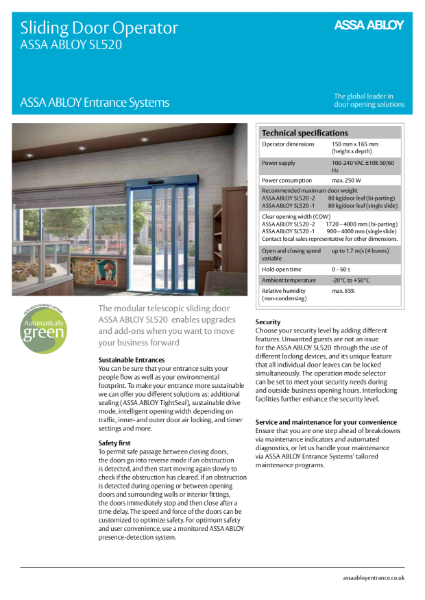 Automatic Sliding Door Telescopic - ASSA ABLOY SL520 Sliding Door Operator (Doors by others)