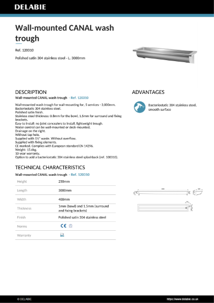 CANAL wall-mounted wash trough 3100 mm Product Data Sheet - 120310