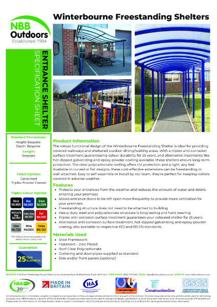 Winterbourne Freestanding Shelter – Product Data Sheet