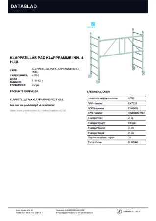 Datablad - Klappstillas Pax Klappramme Inkl 4 Hjul