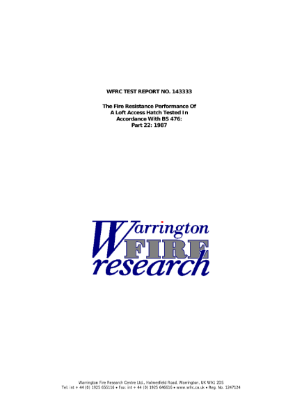 Fire Test Report 143333 for Z-Series Metal 1 Hour Fire Rated Loft Access Doors