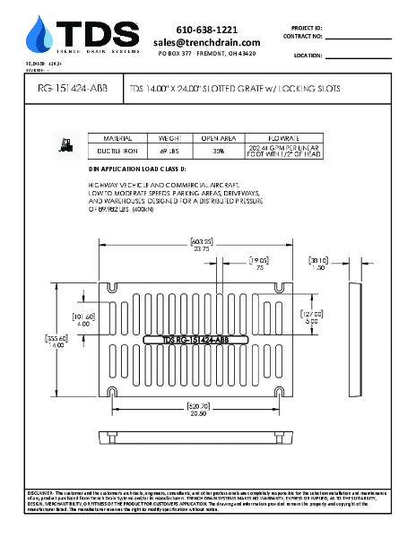 TDS 14.00" x 24.00" Slotted Ductile Iron Grate w/ Locking Slots Class D - RG-151424-ABB