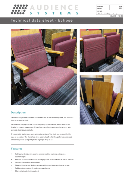 Eclipse Chair Datasheet - high specification auditorium chair - retractable, removable or fixed
