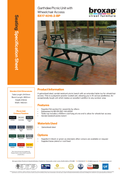 Garthdee Picnic Unit with Wheelchair Access Specification Sheet