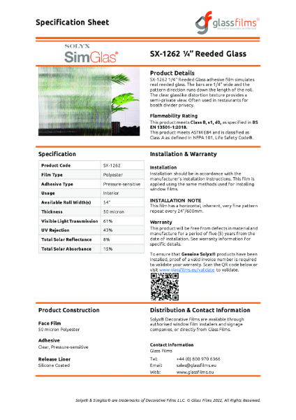 SX-1262 Reeded Glass Specification Sheet