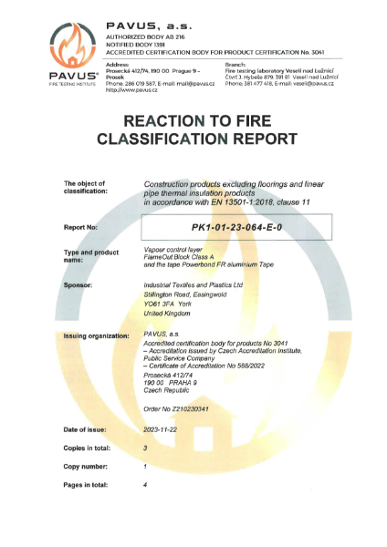 FlameOUT® Block Class A 13501-1 Test Report 