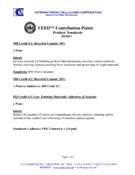 SonaSpray fcx - LEED™ Contribution Points