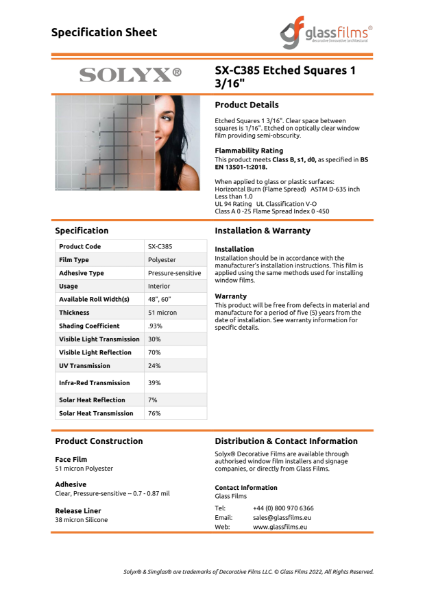 SX-C385 Etched Squares Specification Sheet