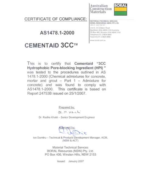 Certificate of Compliance: Cementaid 3CC™