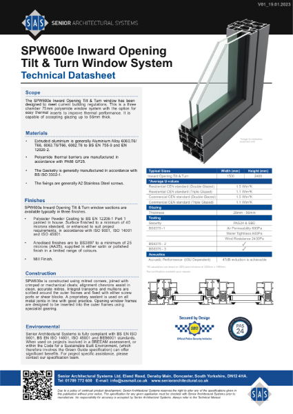 SPW600e Inward Opening Technical Datasheet