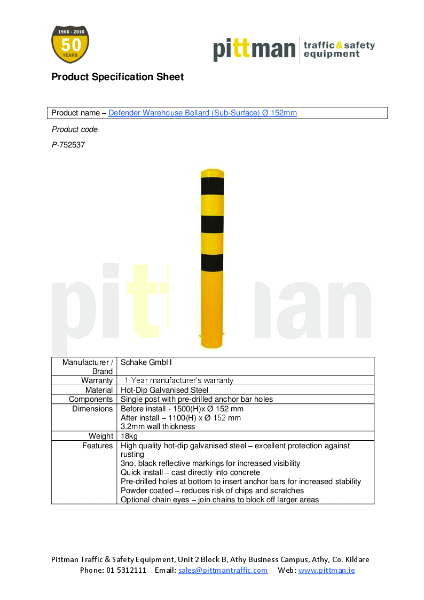 Defender Warehouse Bollard (Sub-Surface) Ø 152mm - Data Sheet