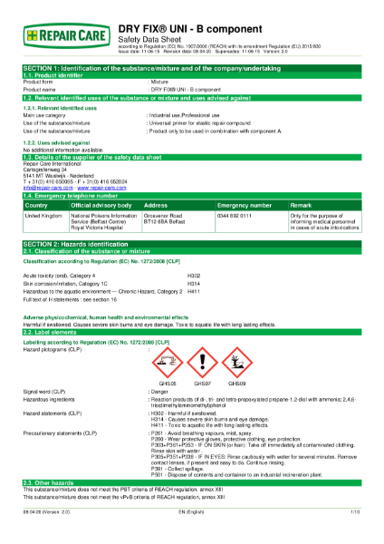 Dry Fix Universal Component B Data Sheet