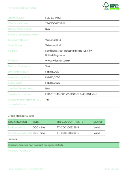 Wilsonart FSC Certificate