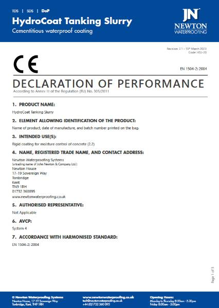 Newton HydroCoat Tanking Slurry - Declaration of Performance