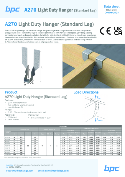 A270 Light Duty Hanger Data Sheet