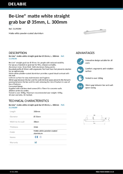 Be-Line® Grab Bars - White, 300 mm Product Data Sheet