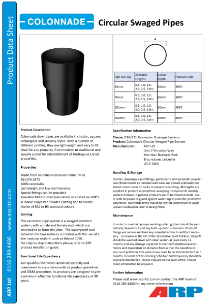 Colonnade Circular Swaged Pipe Data Sheet