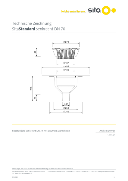 DN70 SitaStandard Vertical Roof Outlet -  Technical Drawing