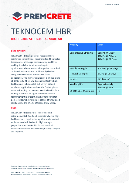 Premcrete Teknocem HBR Technical Data Sheet