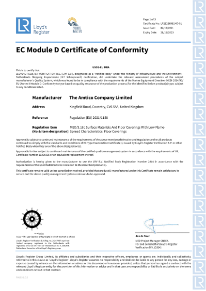Marine EC Module D Certificate of Conformity | Amtico International ...