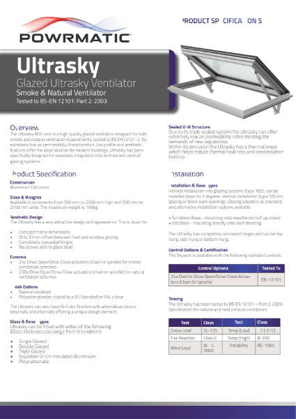 Glazed Ultrasky Ventilator Product Specification Sheet