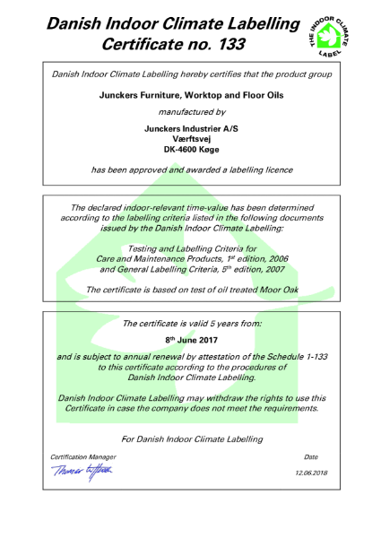 Indoor Climate Certificate - furniture, worktop and floor oil