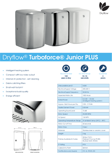 Hand Dryer Spec Sheet - Dryflow Turboforce Junior Plus Hand Dryer