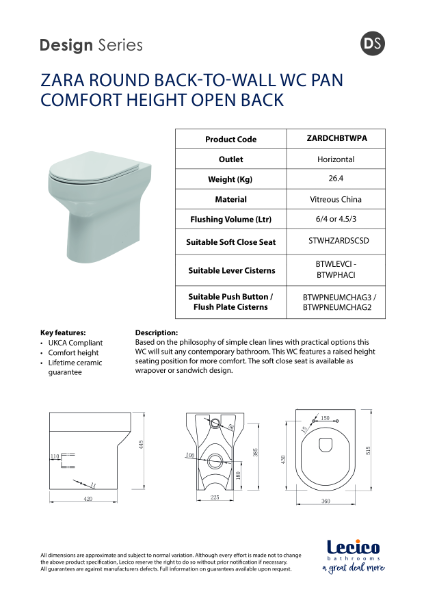 Zara Round Back-To-Wall WC Pan Comfort Height Open Back