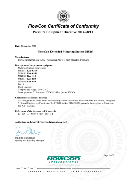 FlowCon Metering Station PED Certificate