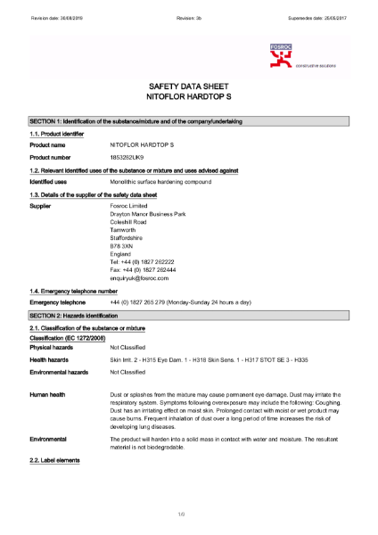 Fosroc Nitoflor Hardtop S Safety Data Sheet