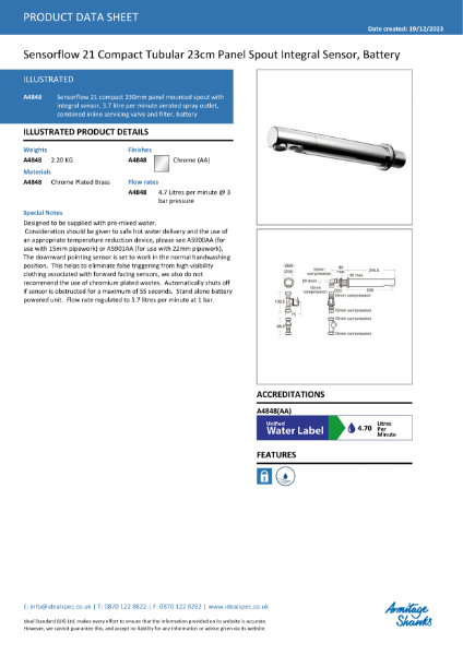 Sensorflow 21 compact 230 mm wall mounted battery powered spout A4848AA