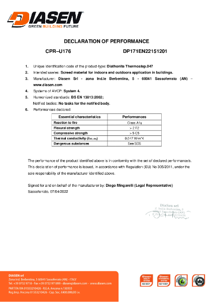 Diasen Diathonite Thermostep.047 Declaration of Performance BS EN 13813 (UKCA)
