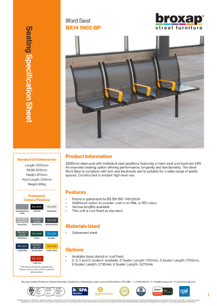 Ilford Seat Specification Sheet